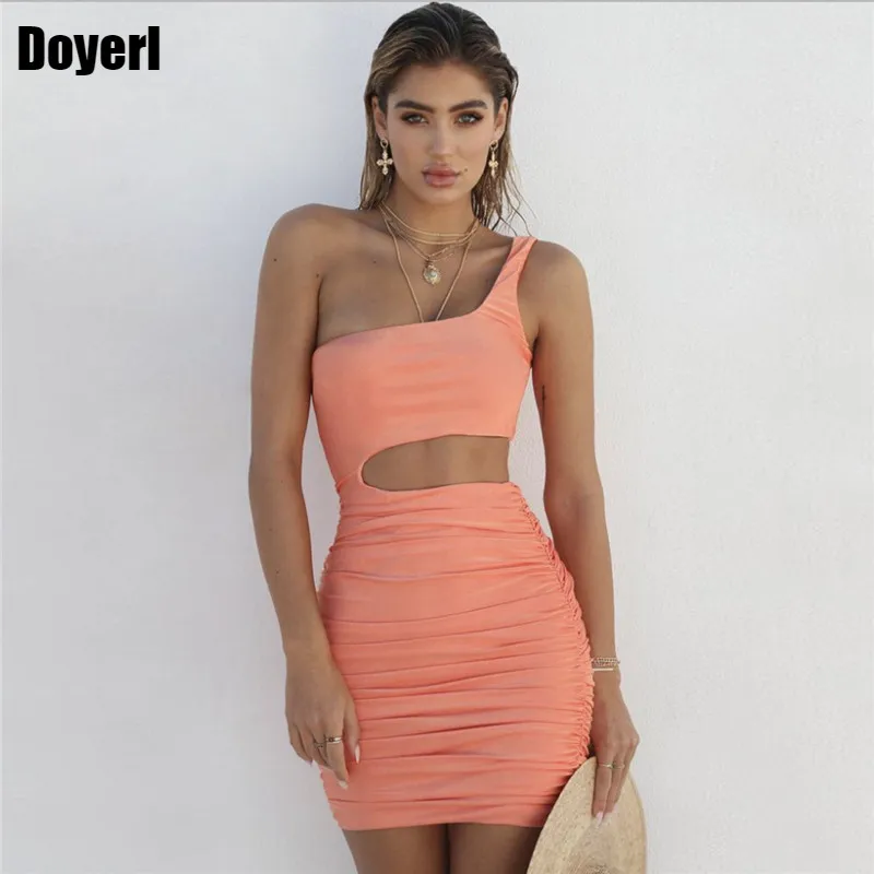 Elegant Party Bodycon Dress Women One Shoulder 2022 New Sleeveless Stretchy Slim Pleated Nightclub Sexy Summer Mini | Женская одежда