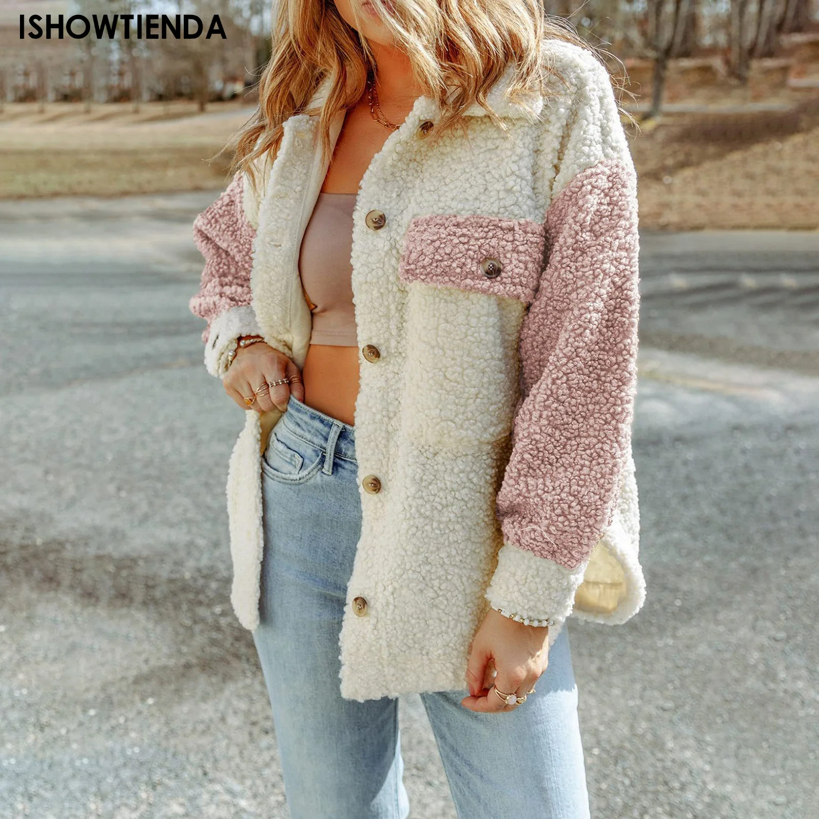 

Women's Plush Coats Jacket Europe And America 2023 Autumn And Winter Warm Plush Tops Panel Button Loose Pocketed Coats Women