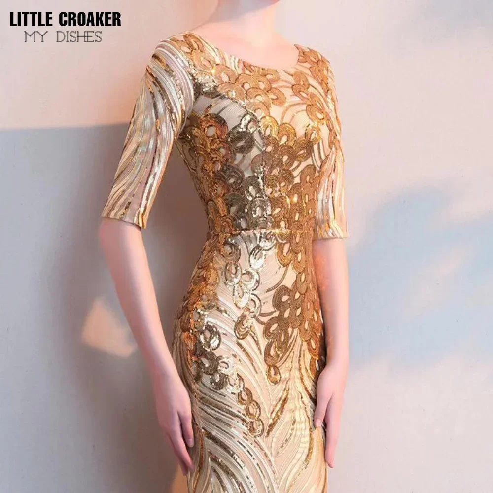 Женское золотистое вечернее платье с полурукавами и блестками Размеры S-3XL
