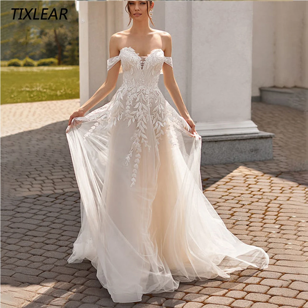

TIXLEAR Modern Off The Shoulder Wedding Dresses Sweetheart Lace Appliques Tulle Bridal Gown Floor Length Vestidos De Noiva New