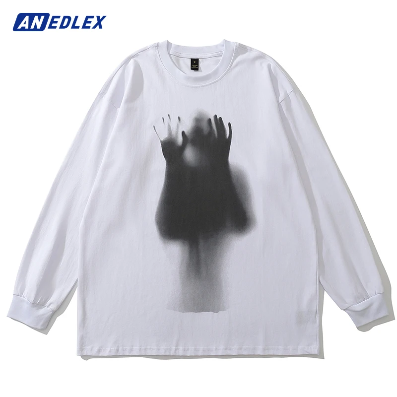 

Men Hip Hop Harajuku T-Shirt Streetwear Trapped Shadow Print Tshirt Long Sleeve Cotton Casual Oversized Tops Tees Women Clothing