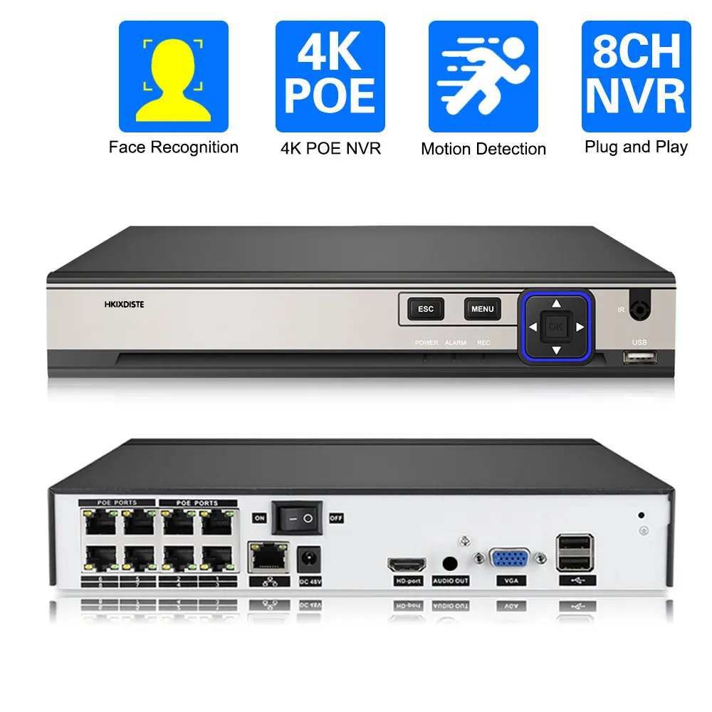 

Сетевой видеорегистратор 48 В H.265 + 8 каналов 4K Ultra HD POE NVR с ИИ-датчиком лица для 1080P 4 МП 5 Мп 8 Мп безопасности POE IP-камера