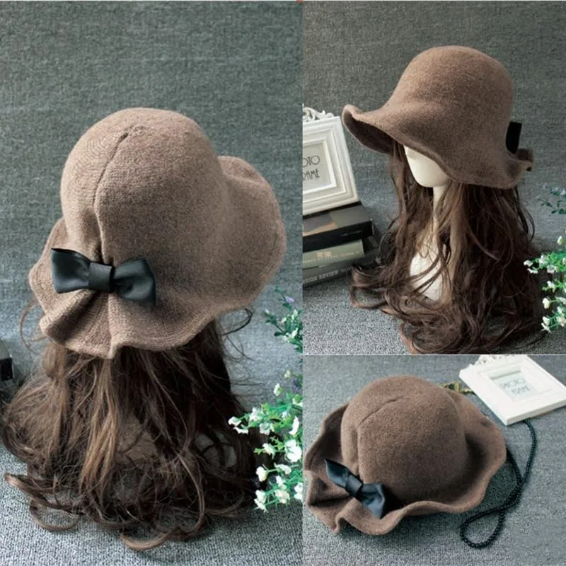 

Vintage Wool Bucket Hats Ladies Bowler Hat Fashion Bows Basin Hat Fisherman Hat Woman Winter Black Coffee Dark Camel Hat