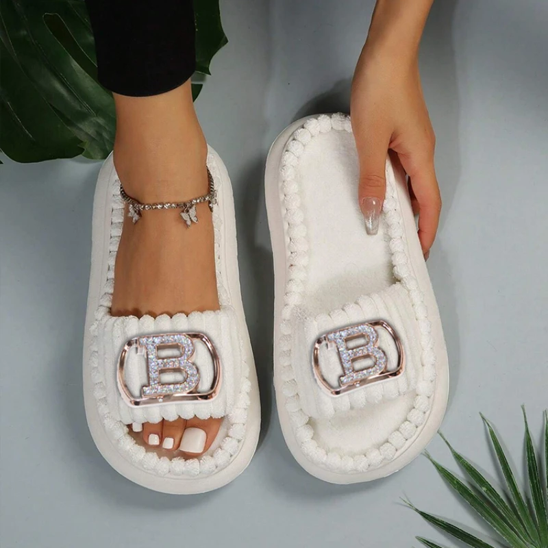 

Luxury Decor Platform Casual Simple Flats Slippers Open Toe Sweet Sandals Indoor Slides Summer Soft Comfy Fur Shoes