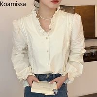 koamissa woman elegant puff sleeve v neck blouse tops korean lace ruffles button up white ol shirts 2022 new office lady blusas