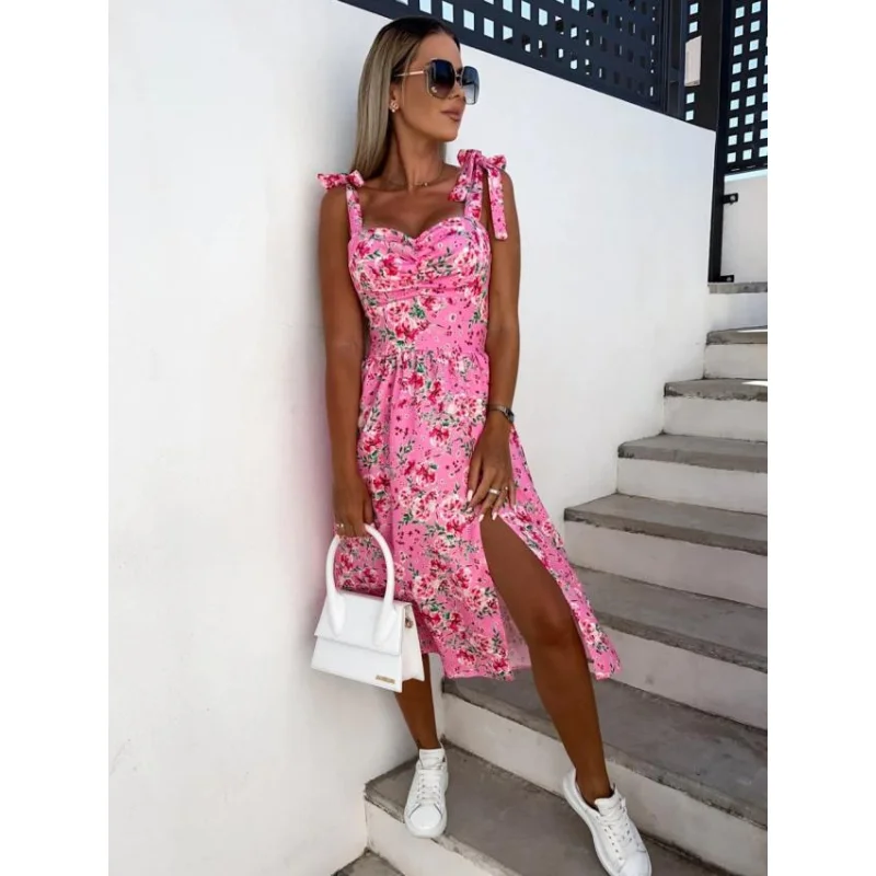 

Summer Sexy backless Spaghetti Strap Dress Woman Fashion Floral Print Slit Elegant Beach Boho Holiday Party Dresses For Women