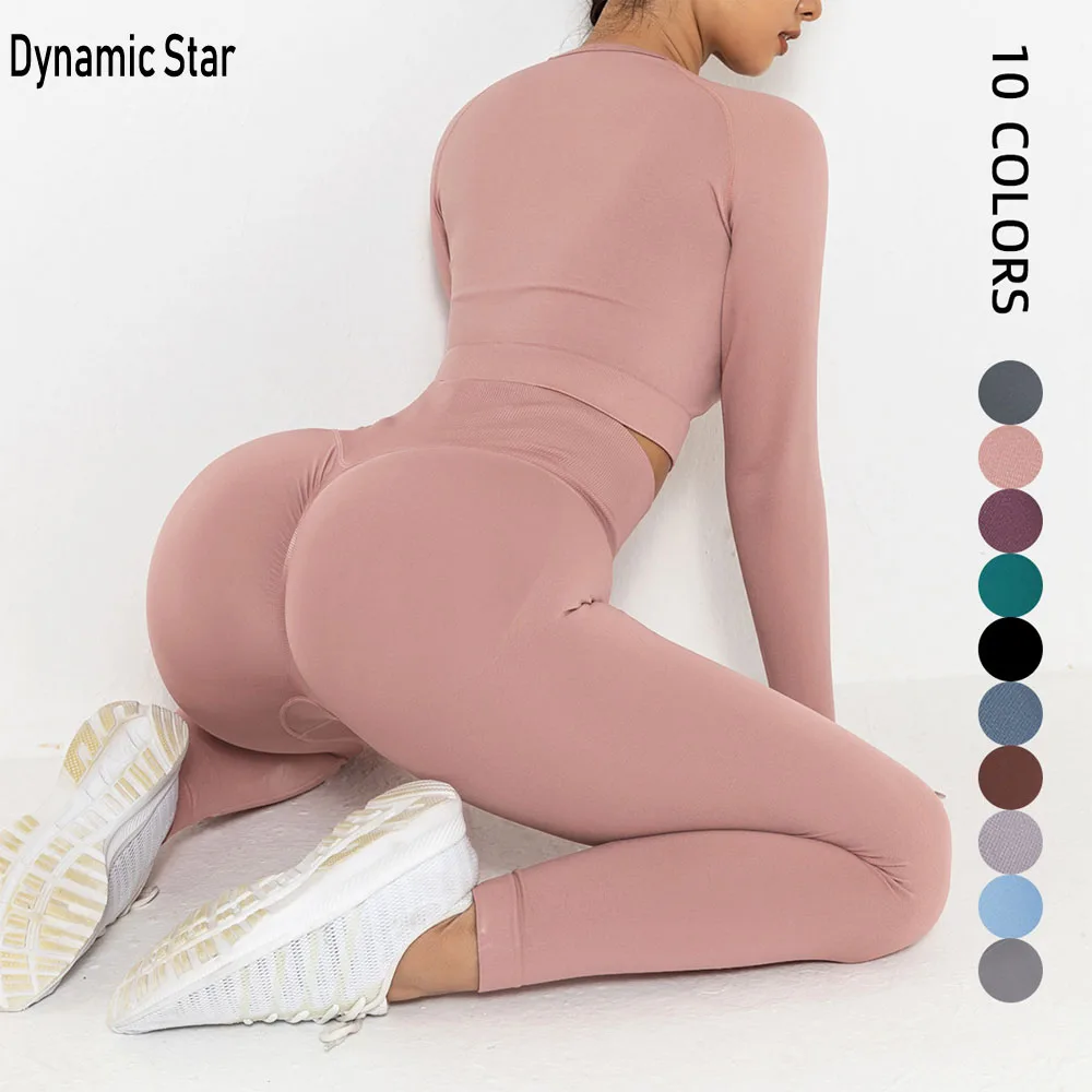 

Костюм для фитнеса, бесшовный комплект для йоги, женская одежда для спортзала, рубашка с длинным рукавом, Леггинсы пуш-ап, спортивные шорты, ...