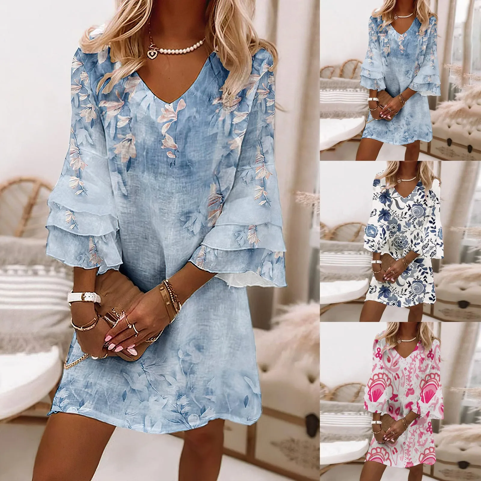 

New Years Outfits Womens Cute Dress Bell Sleeve Three Layer Ruffle V Neck Loose Swing Print Mini Dress Cotton Dresses