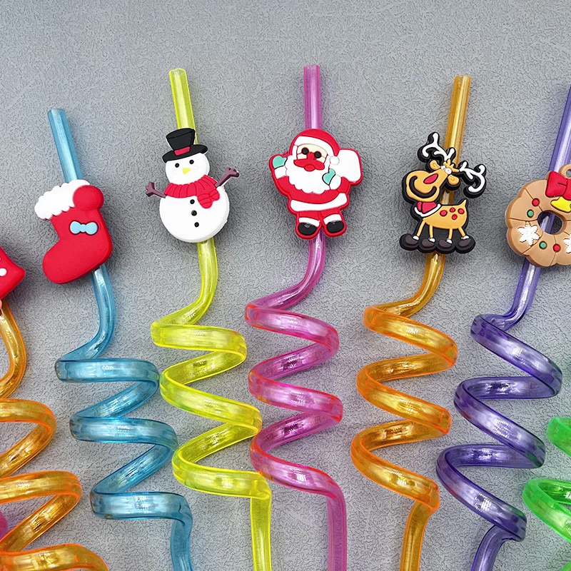 

1Pc Christmas Straws Reusable Plastic Spiral Drinking Straws With Cartoon Decoration Kids Gifts Christmas Party Supplies