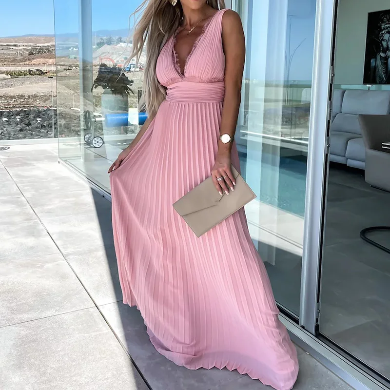 

Кружевное однотонное вечернее длинное платье без рукавов с глубоким V-образным вырезом, элегантное женское Плиссированное Праздничное Платье макси с ажурной вставкой, новое летнее платье 2023