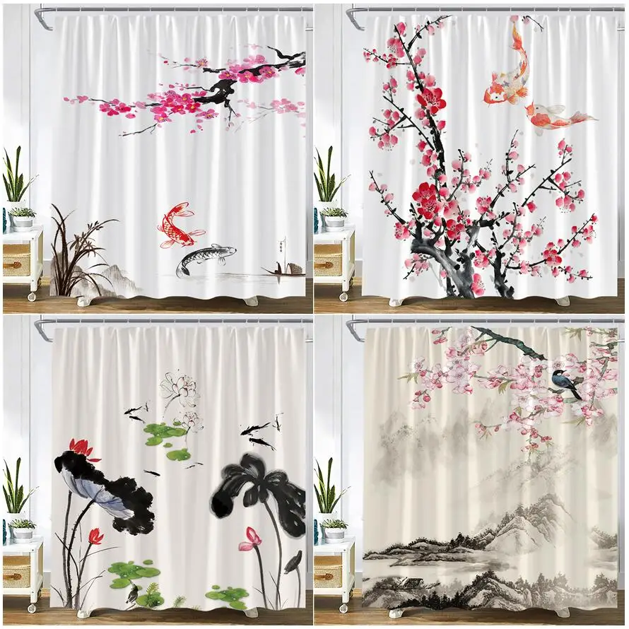 

Занавески для душа с чернильными цветами, лотос, слива, карп, кои, гора, птица, растения, занавески для ванной, ткань с Азиатским ландшафтом, домашний декор для ванной комнаты
