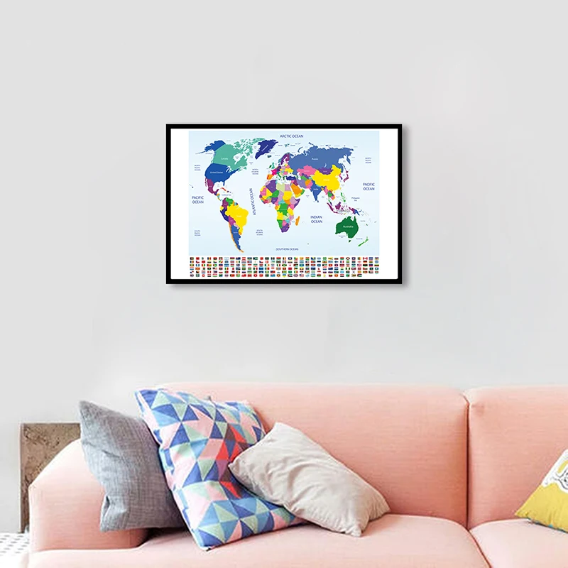 

90*60cm Political Map of The World with National Flags Retro Canvas Painting Wall Posters School Supplies Classroom Home Decor