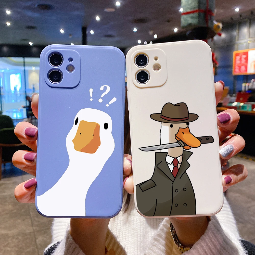 

Square Liquid Silicone Phone Case For iPhone 14 13 12 11 Pro MAX XR X SE XS 7 8 Plus Soft Shockproof Cover Cartoon Doubt Duck