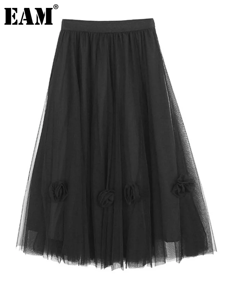 

[EAM] Женская длинная Праздничная юбка с высокой эластичной талией, черная сетчатая юбка с цветочным принтом, модная новинка сезона весна-лет...