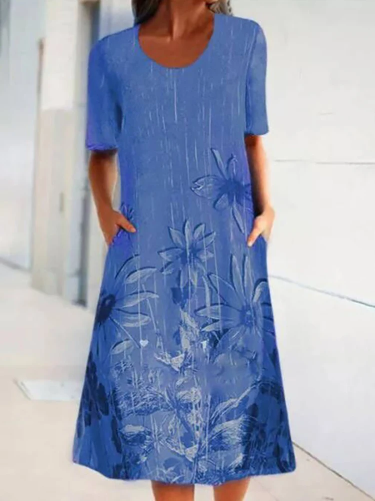 

Casual Women Loose Round Neck Dress 2022 Summer Floral Print Blue Streetwear Dress Femme Vintage Short Sleeve Dress With Pockets