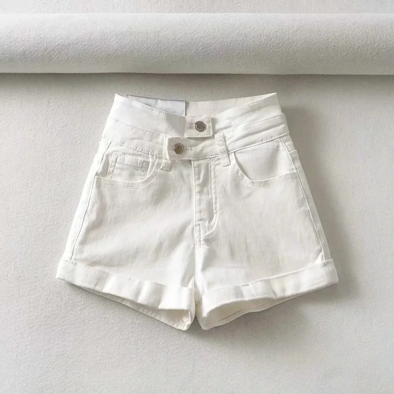 2021 Summer Women Solid Color Short Jeans Female New Trend High Waist White Curled Button Denim Shorts Korean Casual Y2k Bottoms