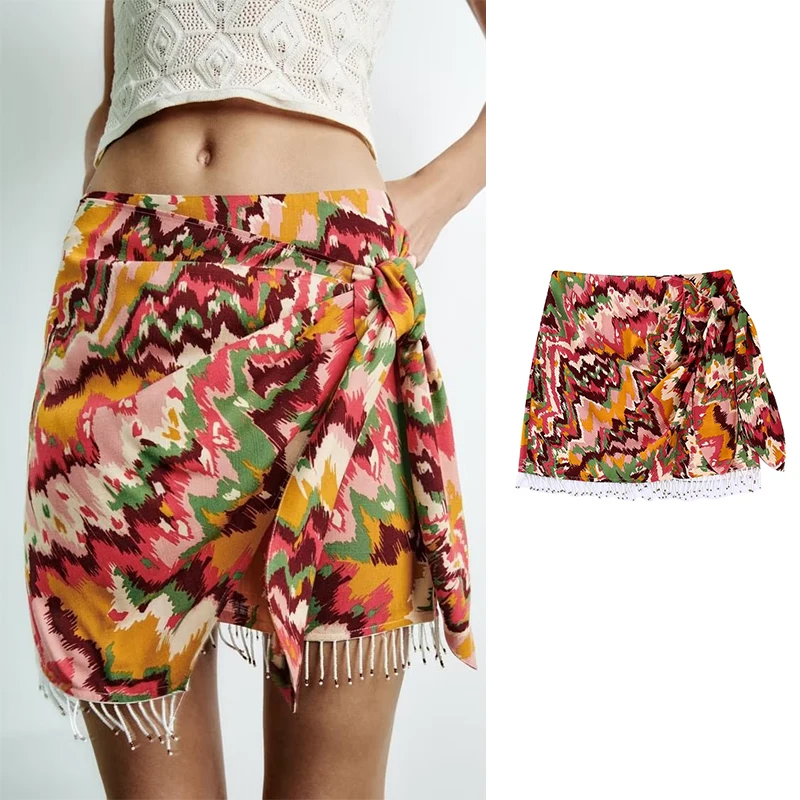 

Summer 2022 Women Beading Decoration Print Wrap Skirts Faldas Mujer Bow Female Mini A-Line Skirt BB22871