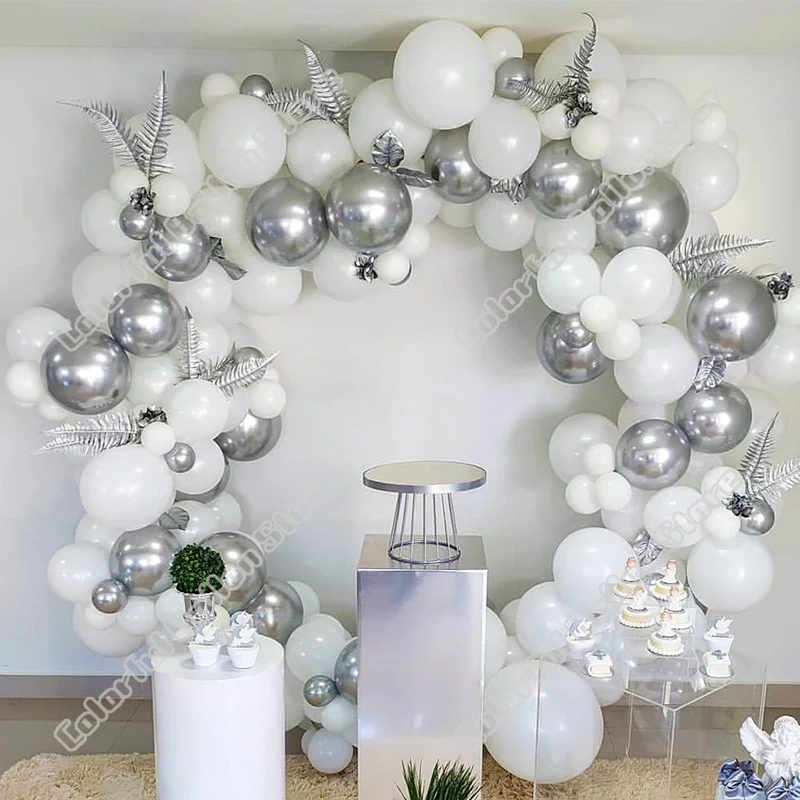 

120pcs White Latex Balloon Arch Kit Silver Balloon Wedding Birthday Party Baby Shower Backdrop Event Celebration Decoration