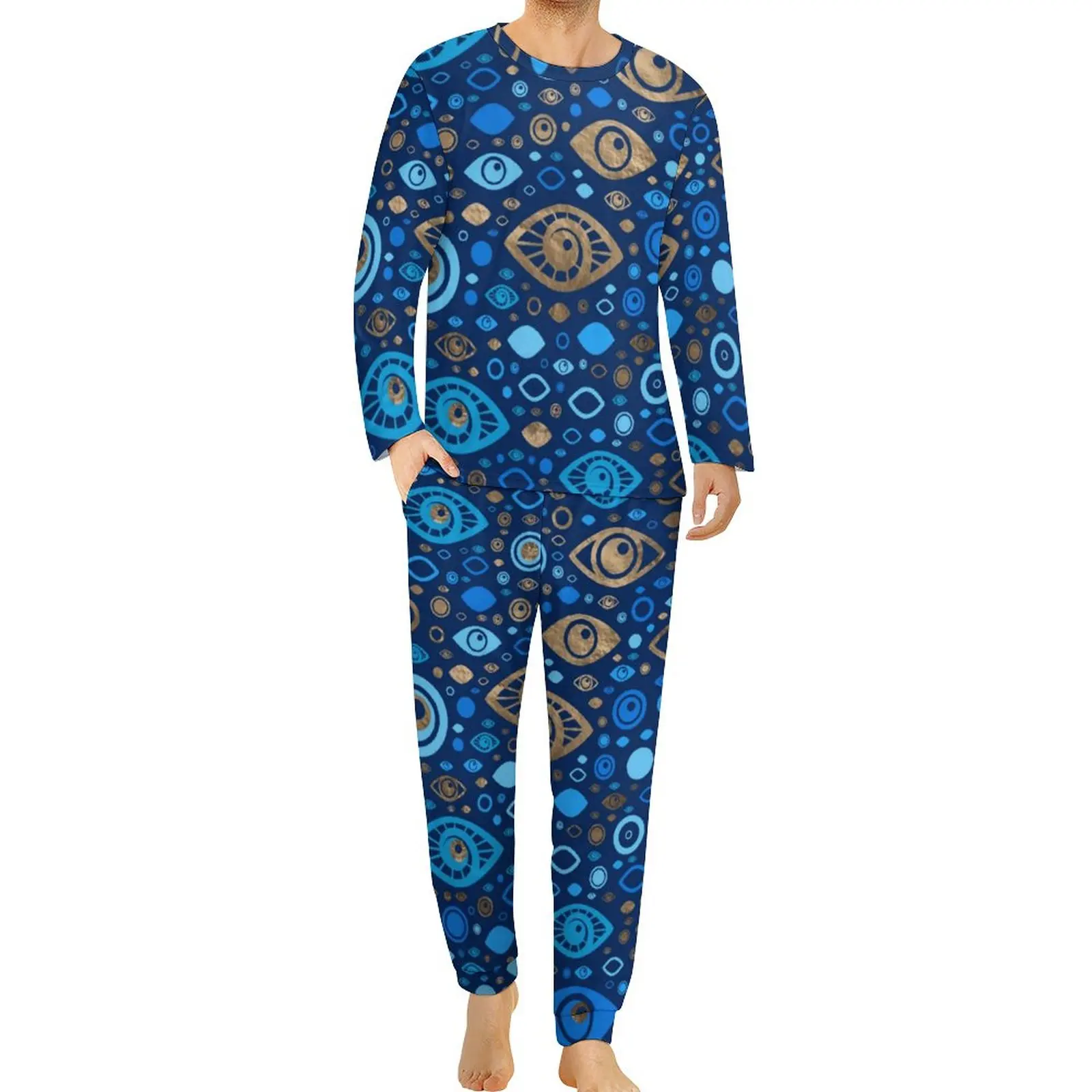 Greek Evil Eye Pajamas Spring Blues and Gold Casual Nightwear Male 2 Pieces Custom Long-Sleeve Cute Big Size Pajama Sets