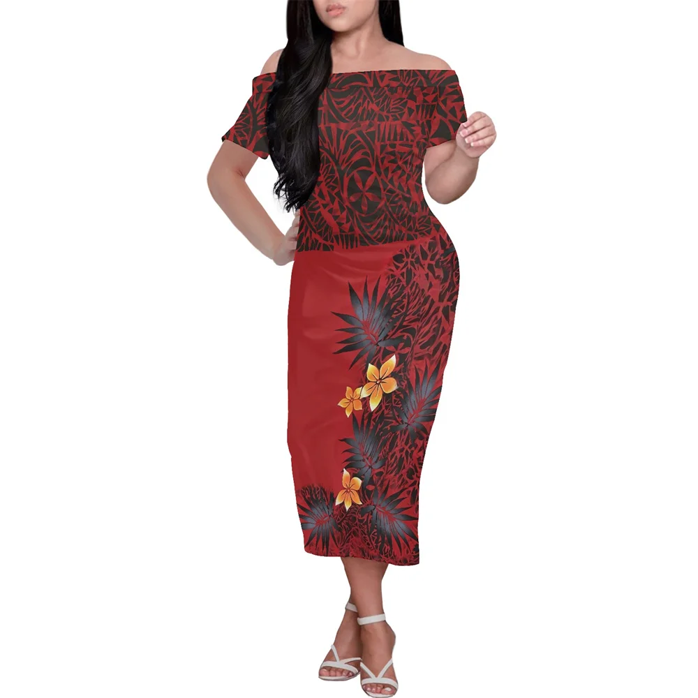 

Красные Элегантные островные платья, женская одежда для вечеринки 2022, пикантное платье с коротким рукавом и открытыми плечами из Полинезии, тунгана, самоанского плеча