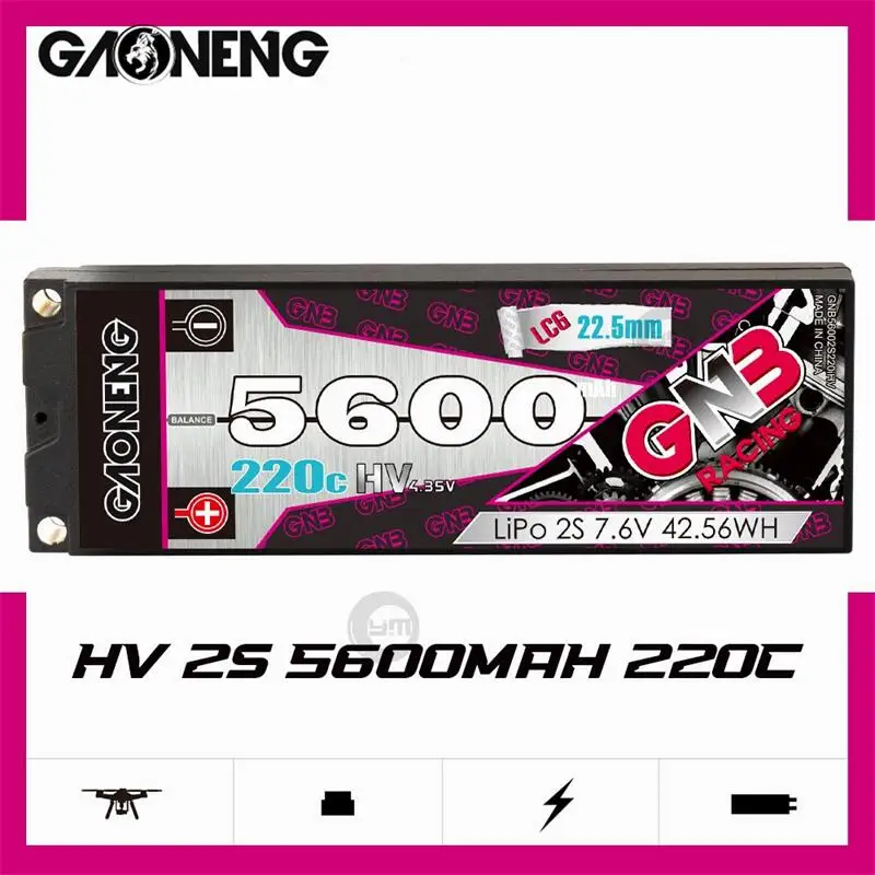 

GAONENG GNB 5600MAH 2S 7.6V 220C HV LCG Stick Pack 5.0mm Bullet Hard Case RC LiPo Battery with XT60/T-Plug Plug for 1:10 RC Cars