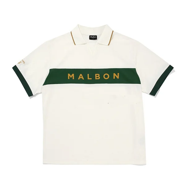 MALBON Men's V-Neck Collar Simple Logo Striped Golf Shirts