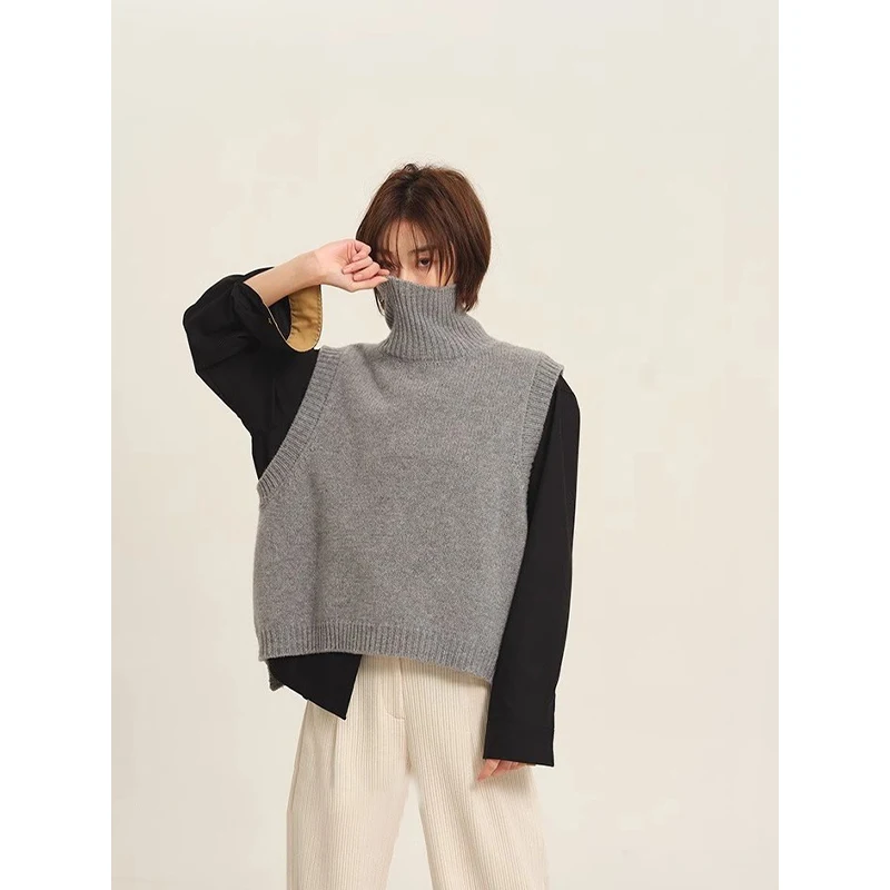 French sle Mori look Gray Knit sweater Vest Women Autumn and Winter Turtleneck Waistcoat Stacked Outer Wear Idle Sle...