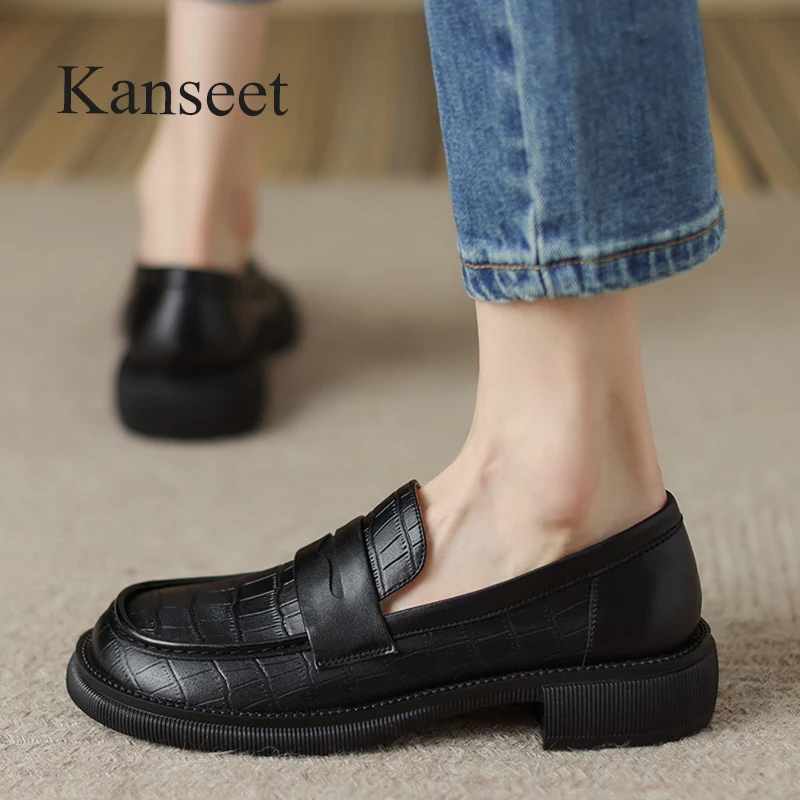 

Лоферы Kanseet Женские винтажные, натуральная кожа, круглый носок, Короткая Повседневная обувь ручной работы на массивном каблуке, коричневые, весна