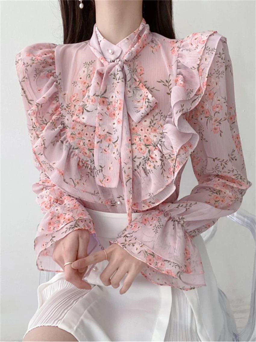 

Alien Kitty милая фотография женская элегантная блузка с оборками Новинка 2022 Офисная Женская универсальная уличная одежда с принтом Свободный П...