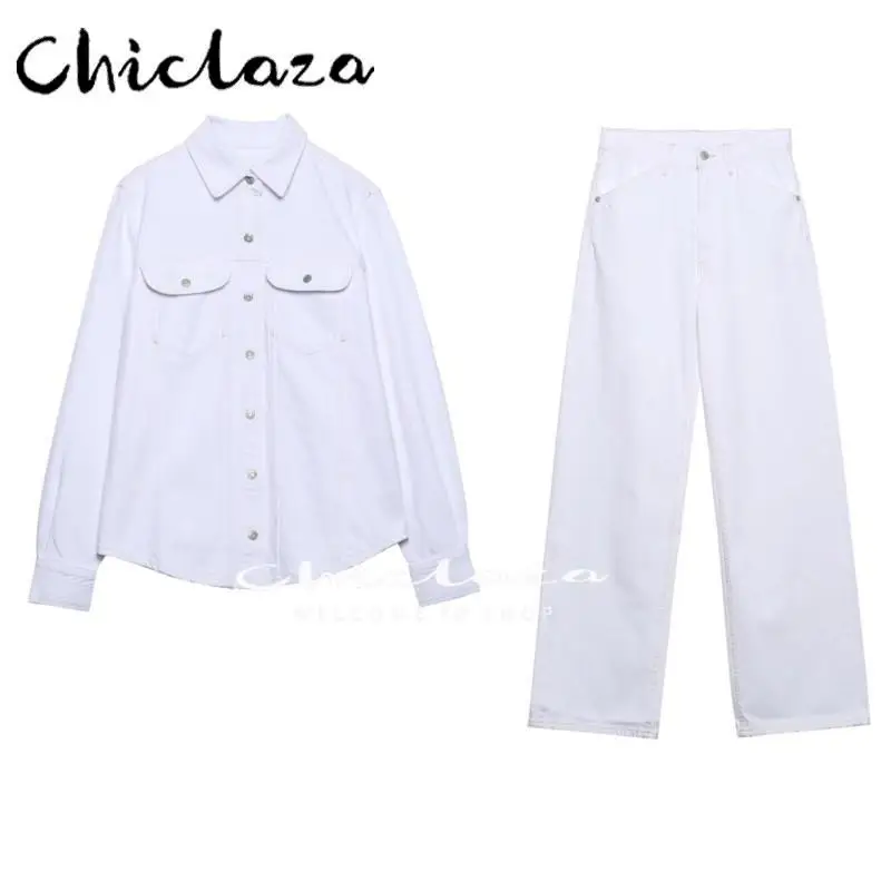 

CHICLAZA Women 2022 Spring Autumn Fashion Denim Two Piece Set Casual Long Sleeve Jeans Shirt & Wide-Leg Pants Suit Female