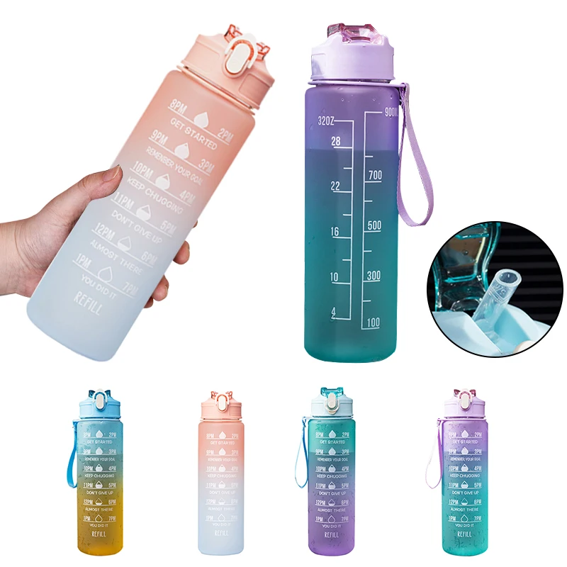 

Sports Water Bottle With Straw Time Marker Leakproof Cold Drink Bottles Free Shipping Men Women Fitness Water Bottles