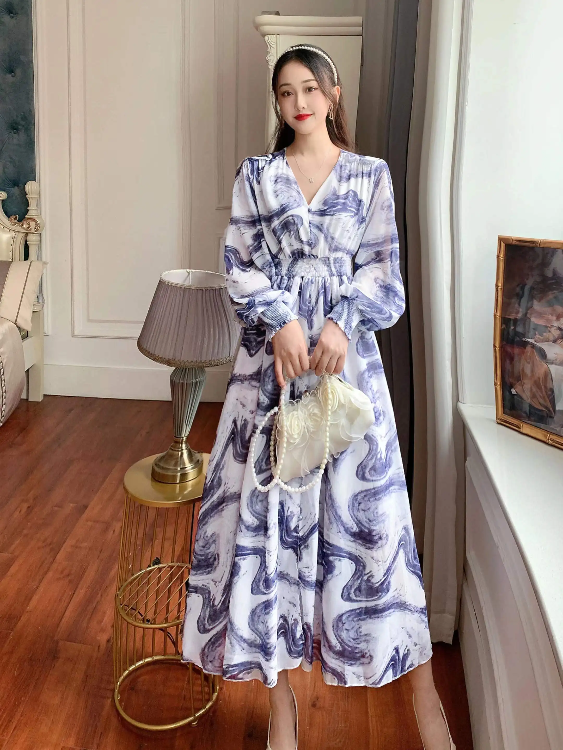 

VANOVICH Fashion Tie Dye Chiffon A-line Dress Autumn Women Temperament V-neck Lantern Sleeve Elastic Waist Ankle-Length Dress