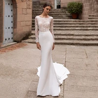 elegant o neck mermaid wedding dress boho long sleeve lace appliques bridal gown 2022 backless button satin train robe de mari%c3%a9e