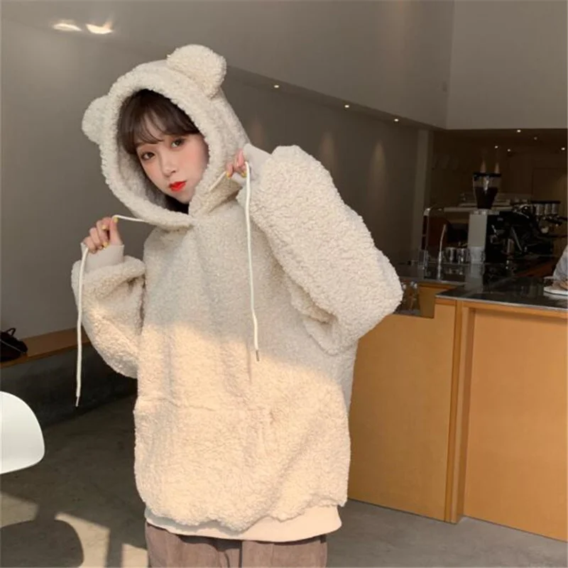 Hoodie Loose Casual Cute Bear Ears Hooded Outwear Pocket Drawstring Sweatshirt Pullover Female Hoody