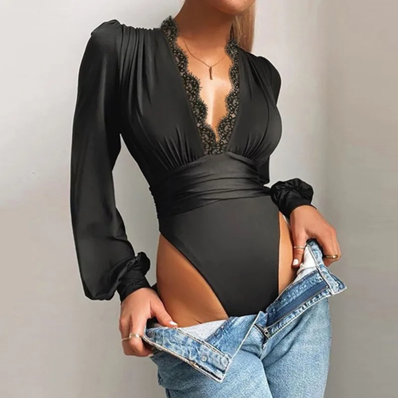 

2022 Autumn Female Bodysuit Solid Color Deep V-Neck Long Sleeve Playsuits Low-Cut Romper for Spring Fall Black/Purple/Red/Blue