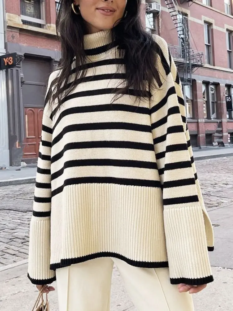 New Ladies  Autumn Winter Turtleneck Sweater Women Pullover Tops Clothes Black White Striped Loose Casual Sweater Jumpers Female