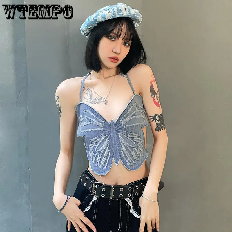 

Y2K Butterfly Cowboy Cami Retro Spicy Girl Sexy Cropped Top Women Navel Exposure Lace-up Vest Wear Outside Inside New Fashion