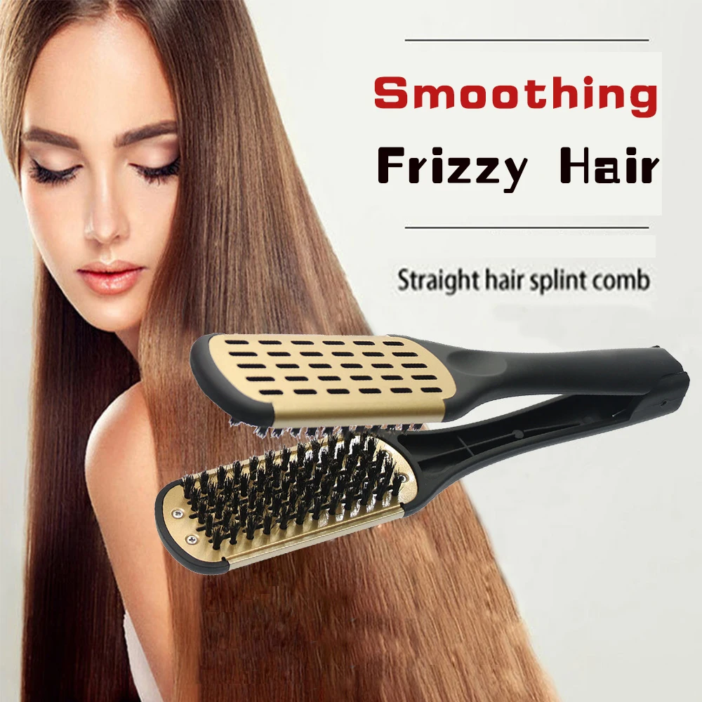 

Pro Hairdressing Straightener Hairbrush Nylon Hair Straightening Double Brushes V Shape Comb Clamp Not Hurt Styling Tools DIY