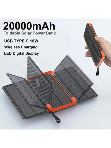 20000 мАч Solar Power Bank Qi Беспроводное зарядное устройство 3 Складной внешний аккумулятор на солнечной панели для iPhone 16 15 14 13 12 Huawei Xiaomi Poverbank