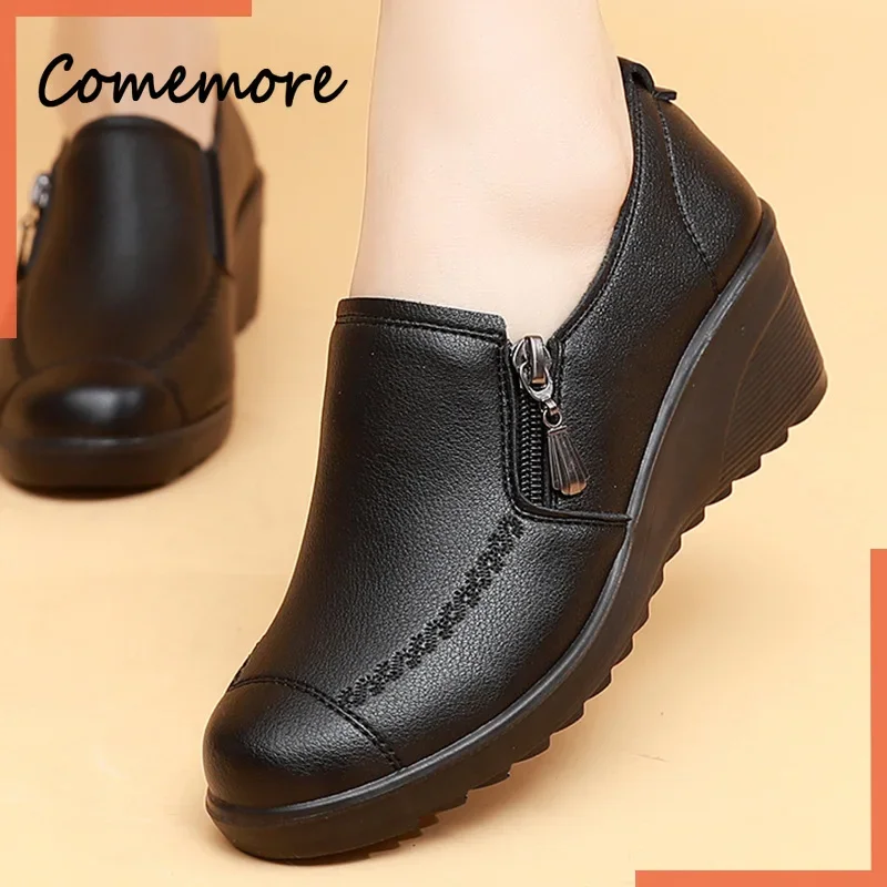 

Женские кожаные туфли на танкетке Comemore, повседневные туфли на высоком каблуке, лоферы с круглым носком, весна-осень, женские модные туфли-лодочки, 41