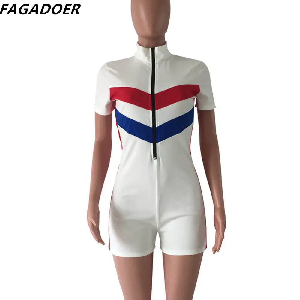 FAGADOER Sport Women Rompers Zipper Bodycon Jumpsuit Striped Patchwork Casual Slim Overalls Short Sleeve Streetwear Playsuits images - 6