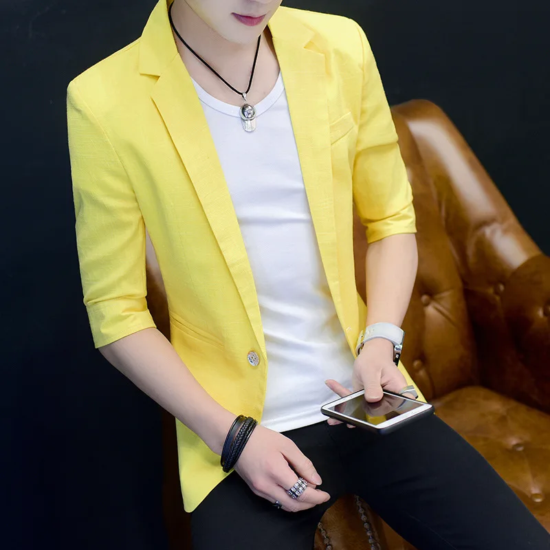 

HOO 2022 Men's Summer Thin Mid Sleeve blazer Youth Slim Fit Leisure blazer