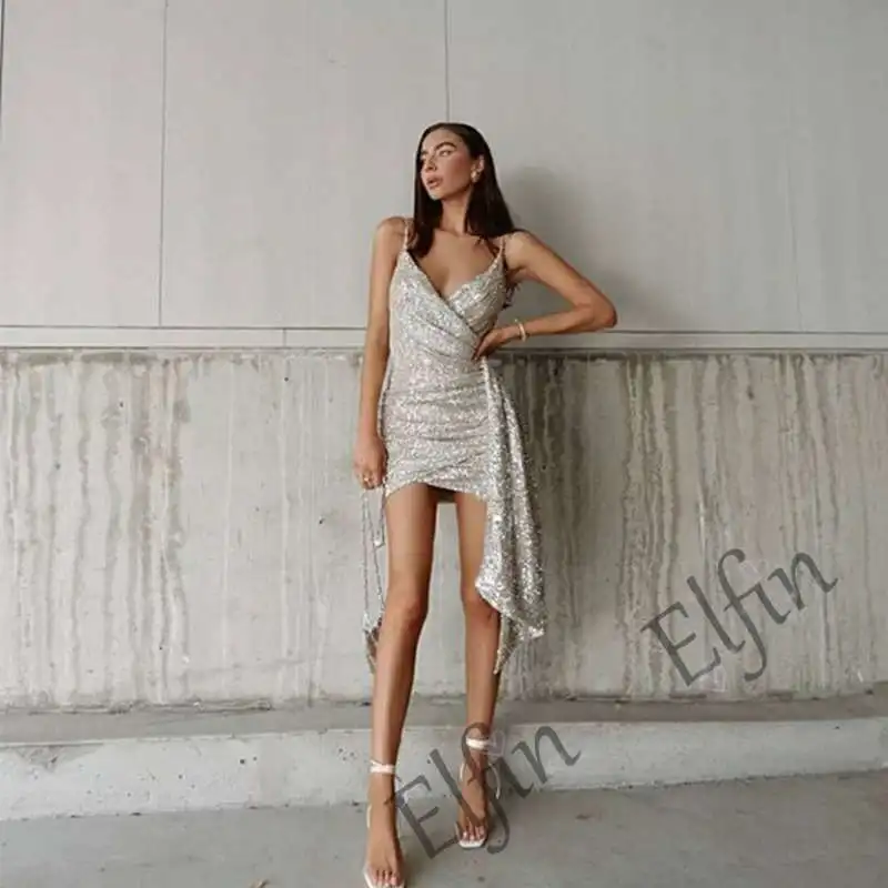 

Elfin Sling Sequins Group Irregular Deep V Neck Leak Back To Knee Group Dating Wedding Performance Adult Ceremony