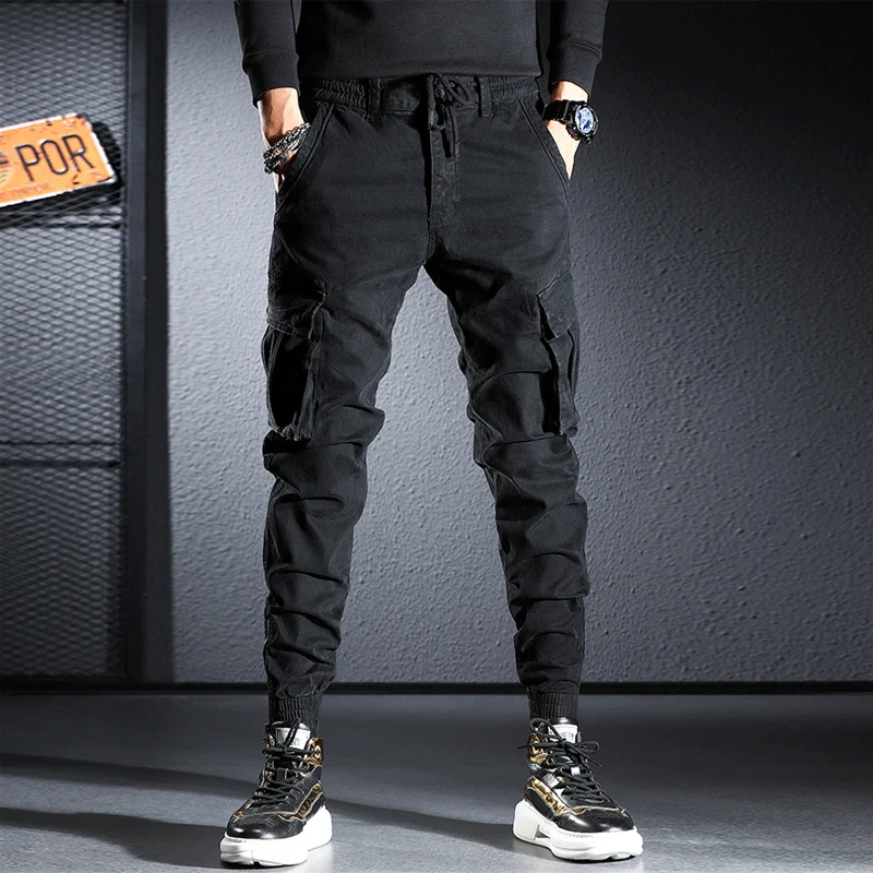 Fashion Streetwear Men Jeans Black Loose Fit Elastic Big Pocket Casual Cargo Pants Hombre Hip Hop Joggers Men Wide Leg Trousers