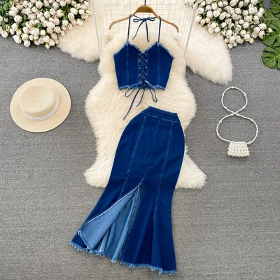

Amolapha Women Sexy Denim Halter Bandage Vest Tops + High-waisted Mid-Length Jeans Skirt Clothing Sets