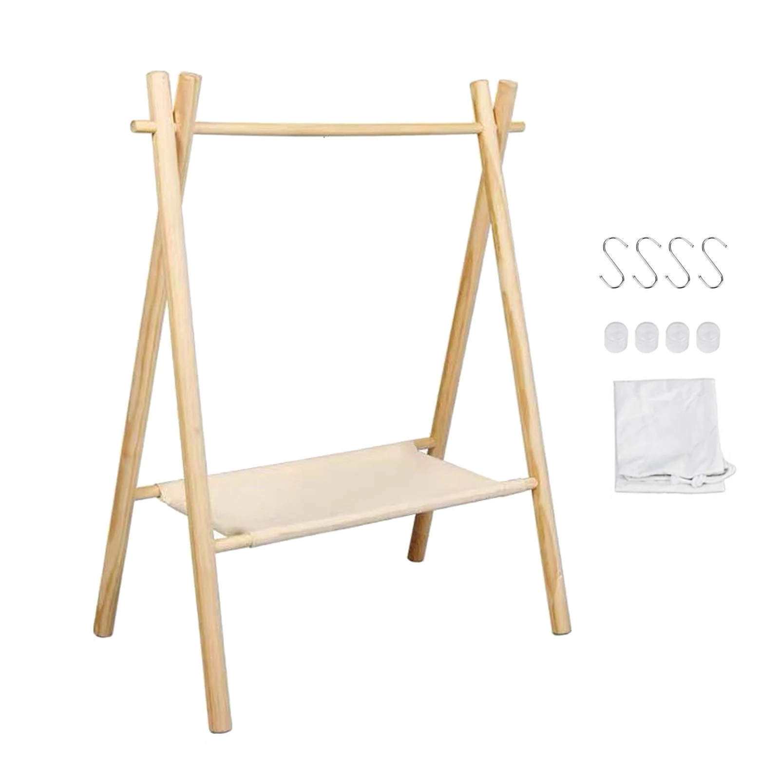 

Outdoor Wood Cookware Hanging Rack Camping Triangular Hanging Rack with Hooks Storage Bag