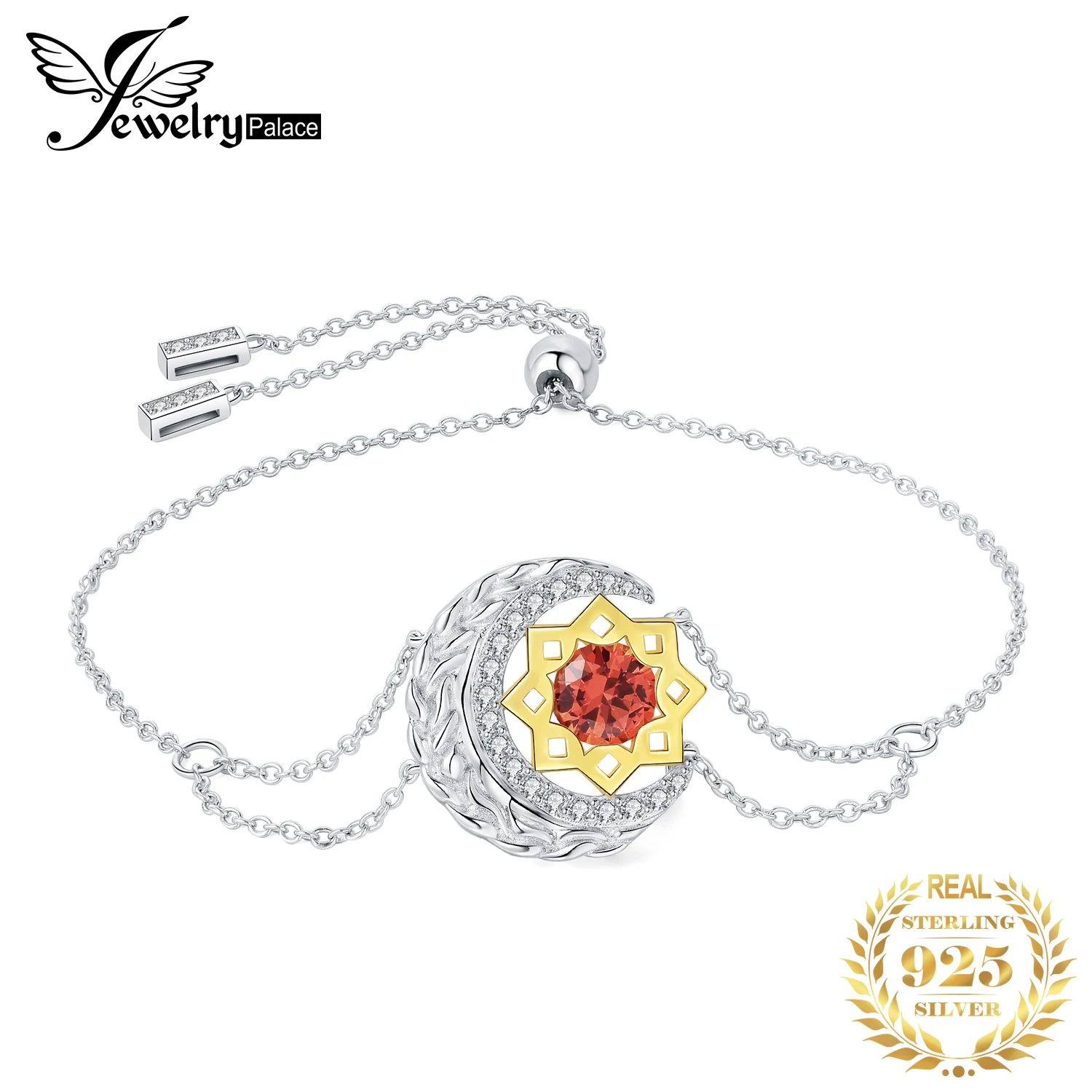 

JewelryPalace New Arrival Wheat Star Moon 1ct Created Orange Sapphire 925 Sterling Silver Link Adjustable Bracelet for Woman