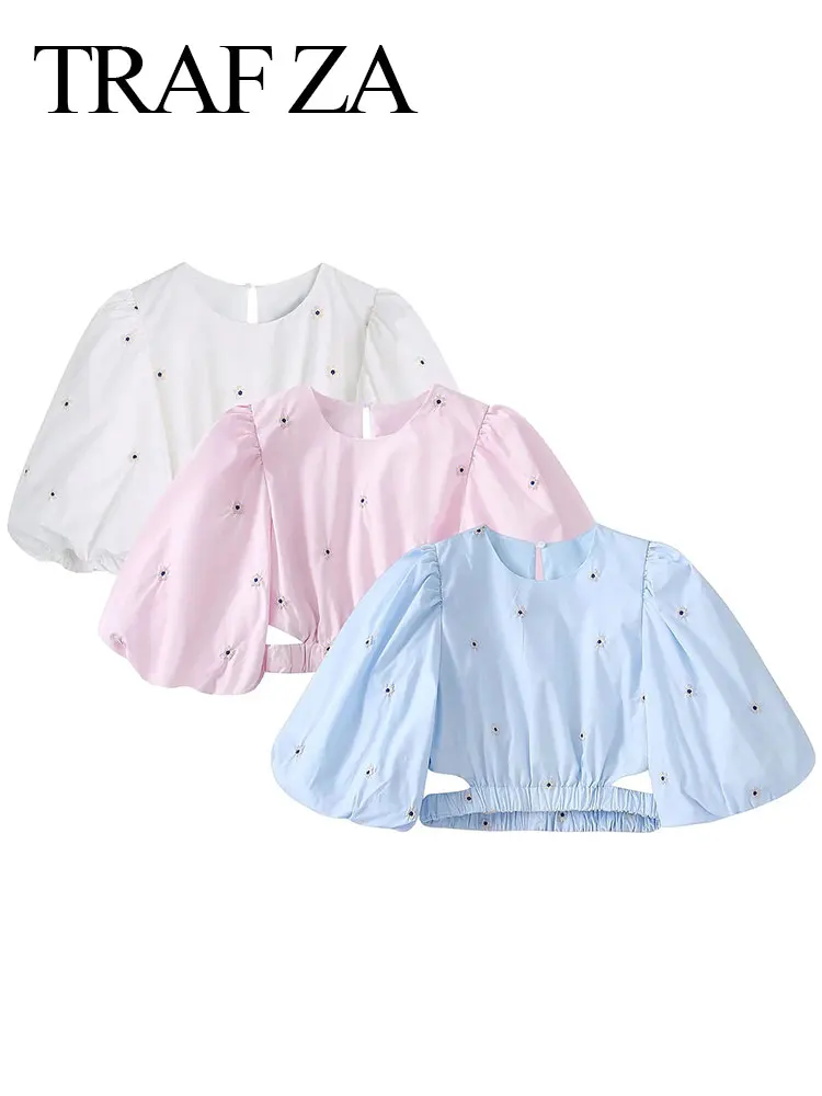 

Топ TRAF SA Женский, трехцветный, с вышитыми цветами, с рукавами-фонариками