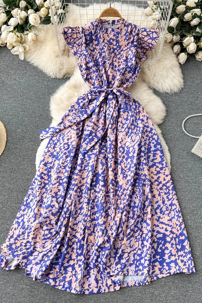 

Женское приталенное платье-трапеция, нежное летнее платье с французским Ретро принтом и рукавами-летячими рукавами, со шнуровкой на талии