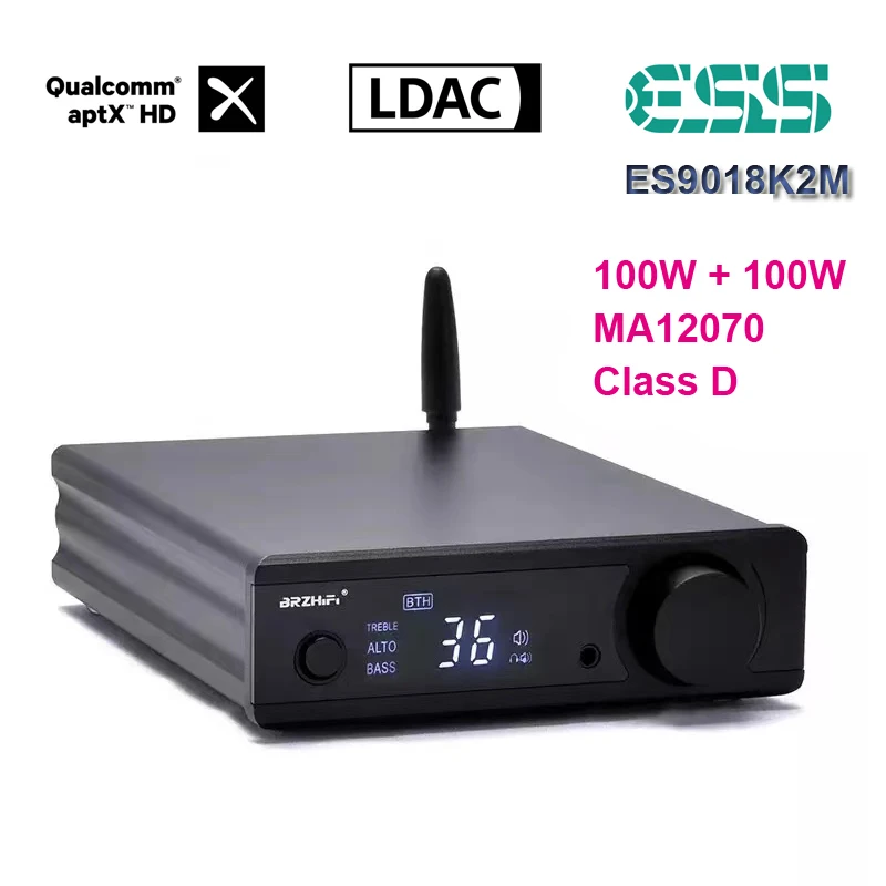 Усилитель звука 2*100W Bluetooth 5.0 QCC5125 с USB DAC ES9018K2M, Infenion MA12070 Class D, APTX-HD, LDAC и HiFi Power AMP.